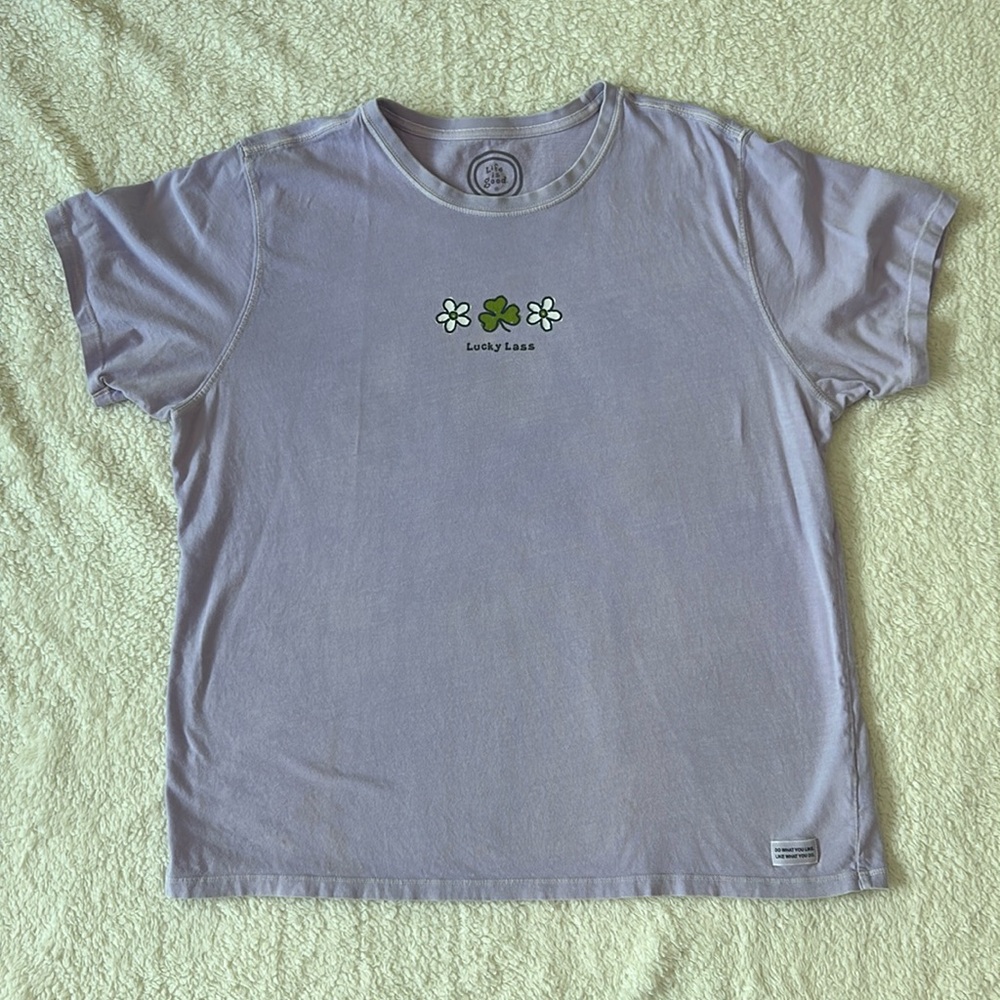 Life Is Good XL Purple Tee Shirt - Flowers with 3-Leaf Clover “Lucky Lass”